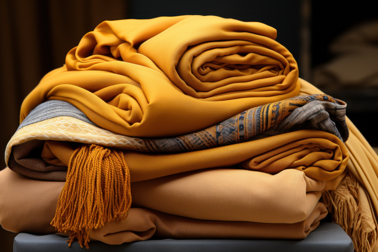 Close up of folded blankets and scarves showcasing texture and comfort