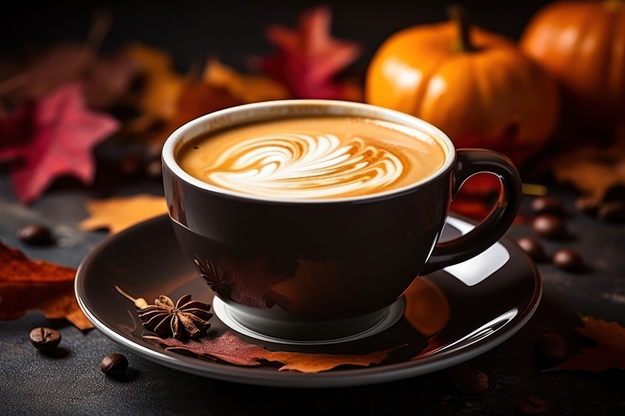 A hand holding a coffee cup against a backdrop of vivid autumn leaves
