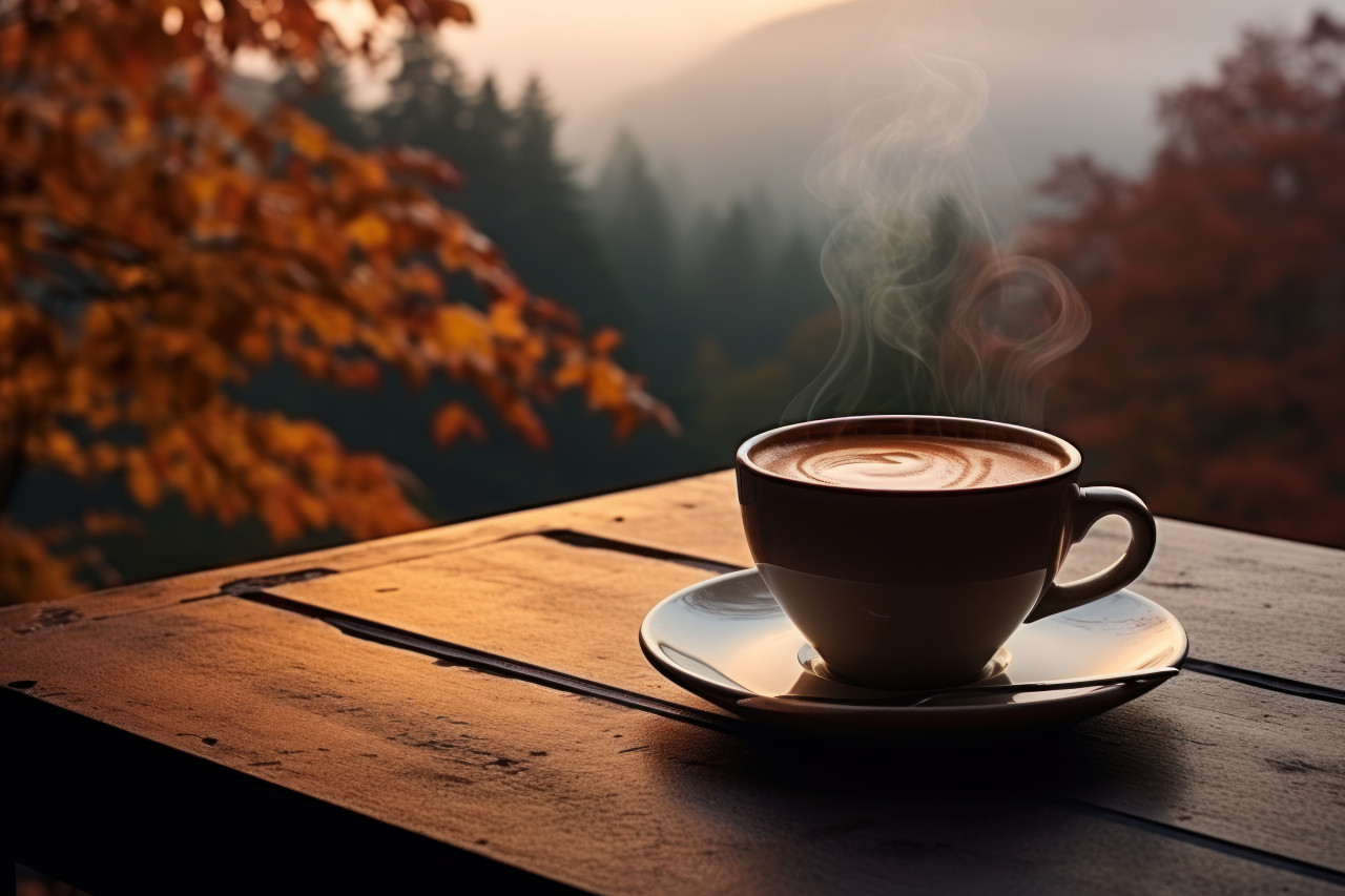 A cozy ambiance with a hot cup of coffee amidst the morning fog