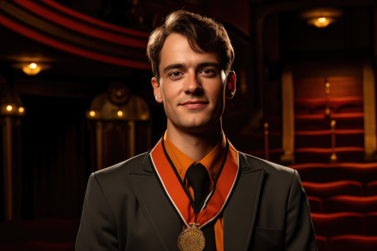 Employee adorns a medal bringing excellence to the stage, recognition and reward images