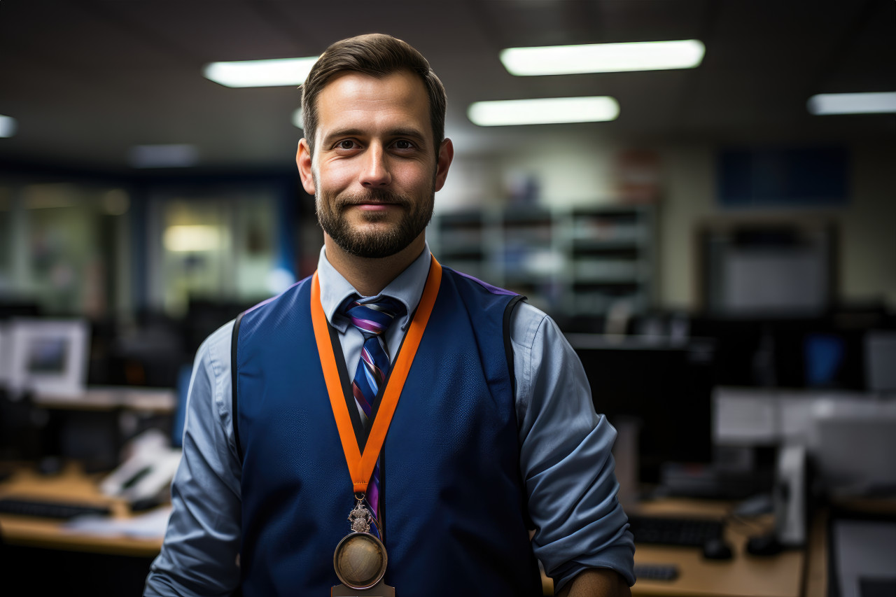 Medal graces employee desk a testament to hard work, employee recognition images