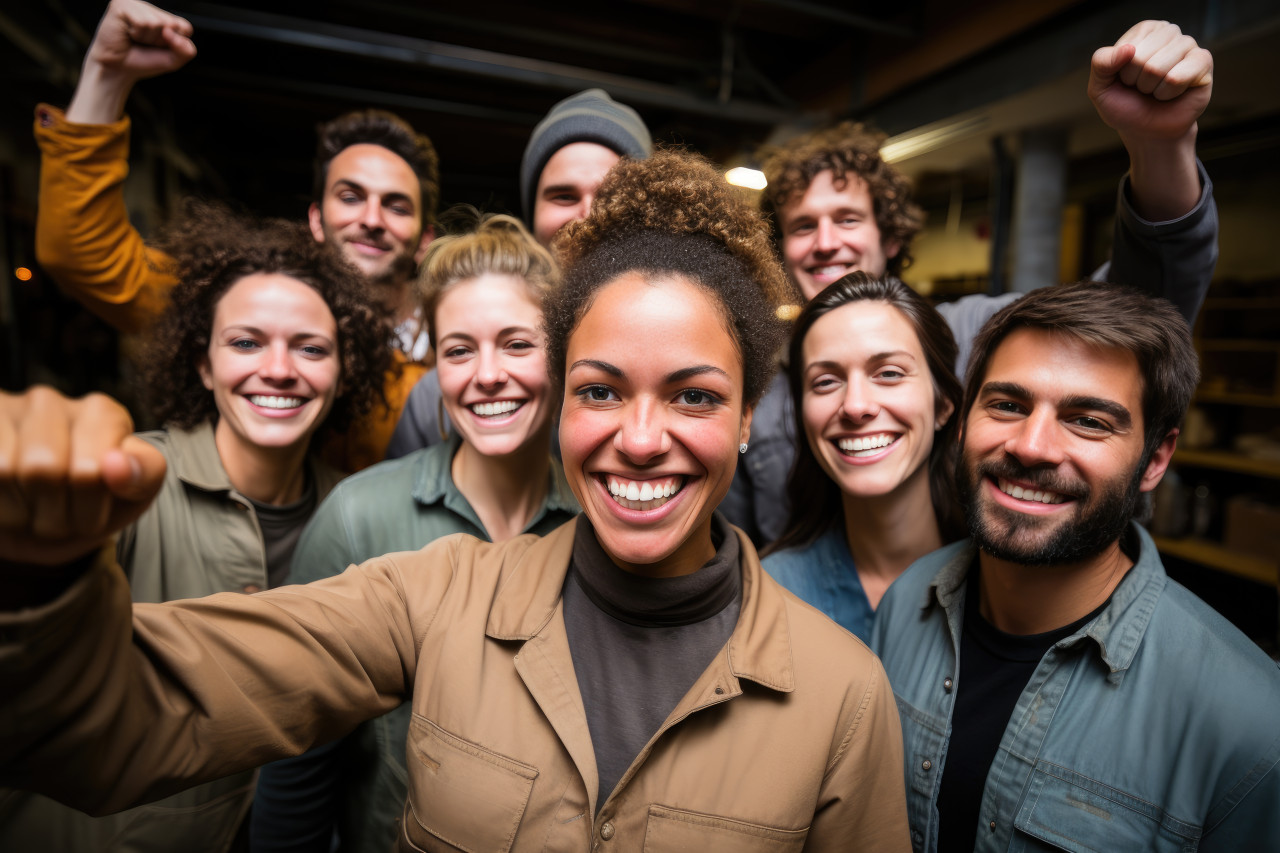 Collaborative team strikes a pose in front of project triumph, employee appreciation day images