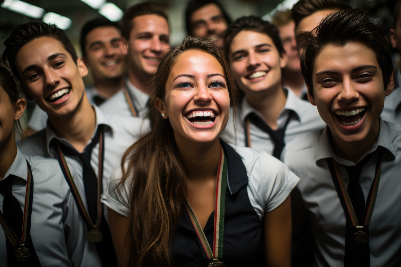 Employees share laughter and display medals in celebration, recognition and reward images