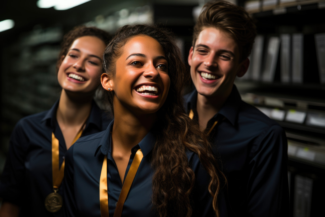 Employees laugh together adorning themselves with medals, employee recognition images