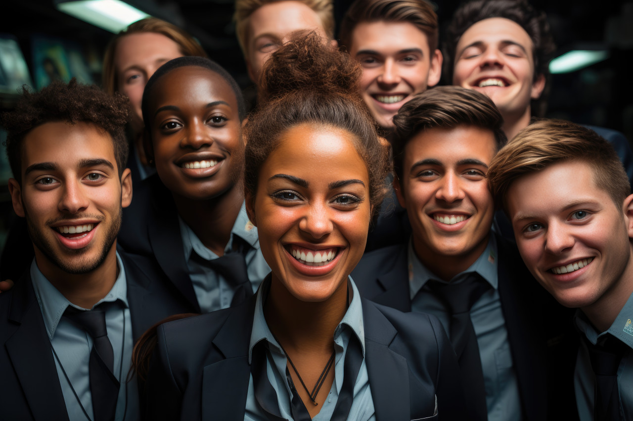 Employee colleagues and friends hold medals high in celebration, employee recognition images