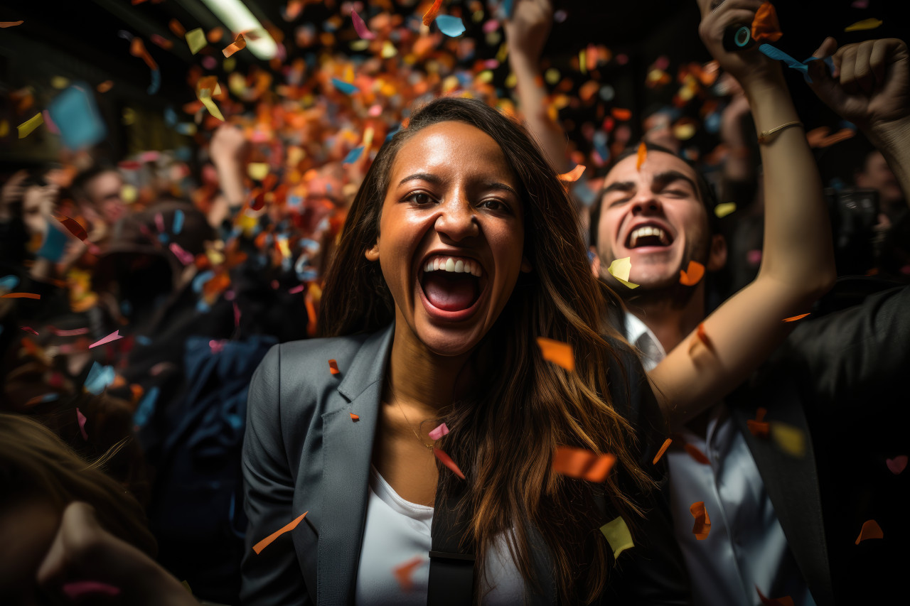 Employees rejoice in recognition and celebratory confetti, recognition and reward images