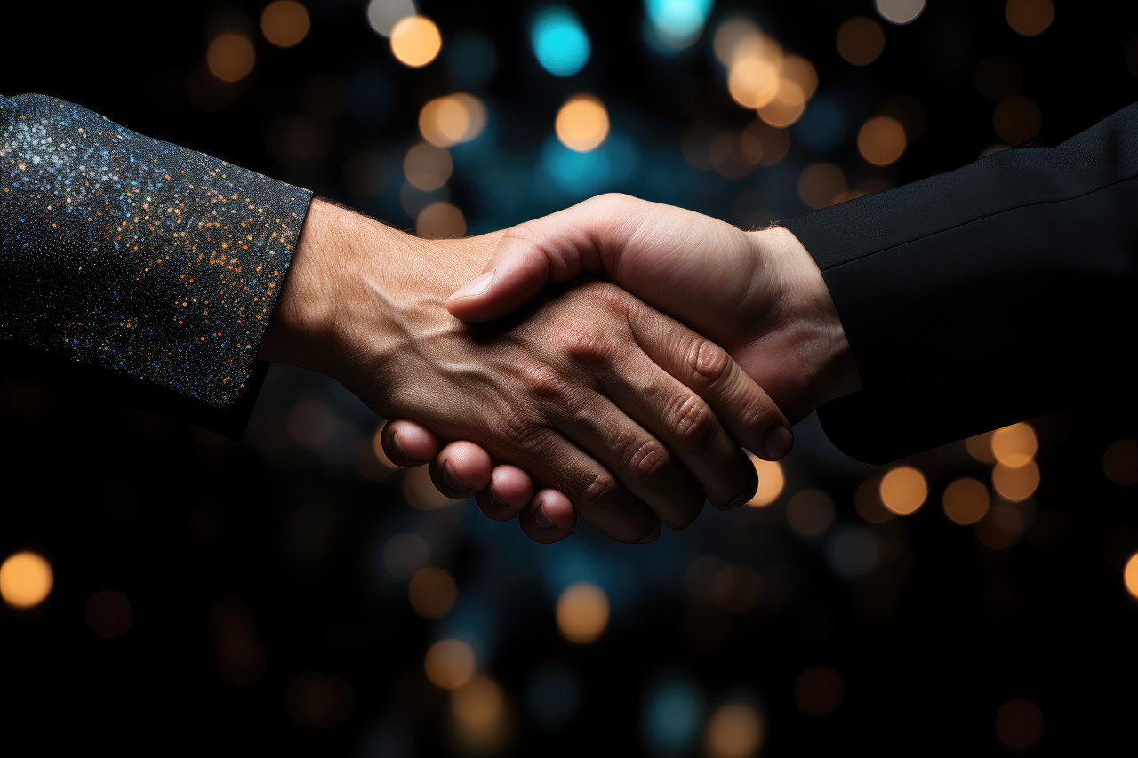 Employer and employee share a firm handshake in triumph, recognition and reward images