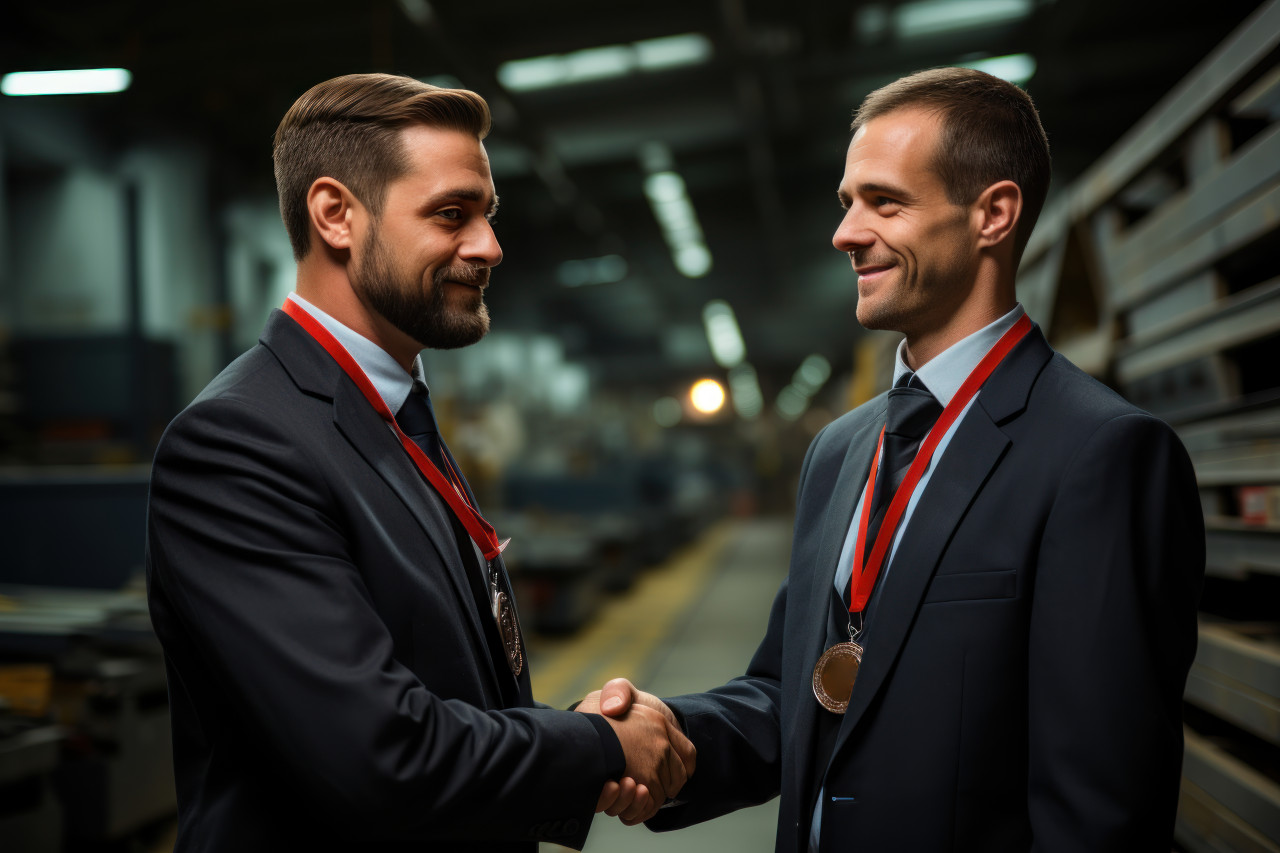 Seasoned professional transfers medal to young colleague, employee appreciation day images
