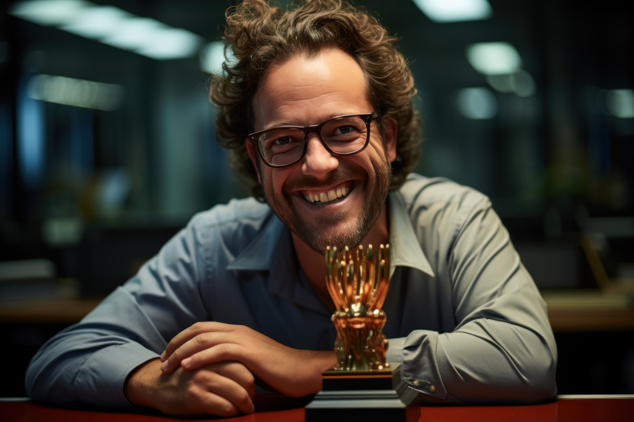 Employee finds shiny award trophy on desk in close up, employee appreciation day images