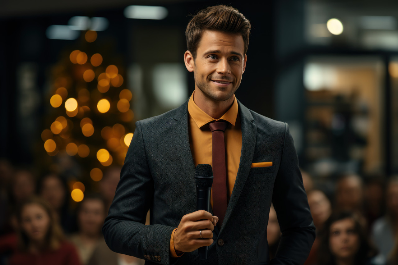 Awarded employee shares motivational words with colleagues, recognition and reward images