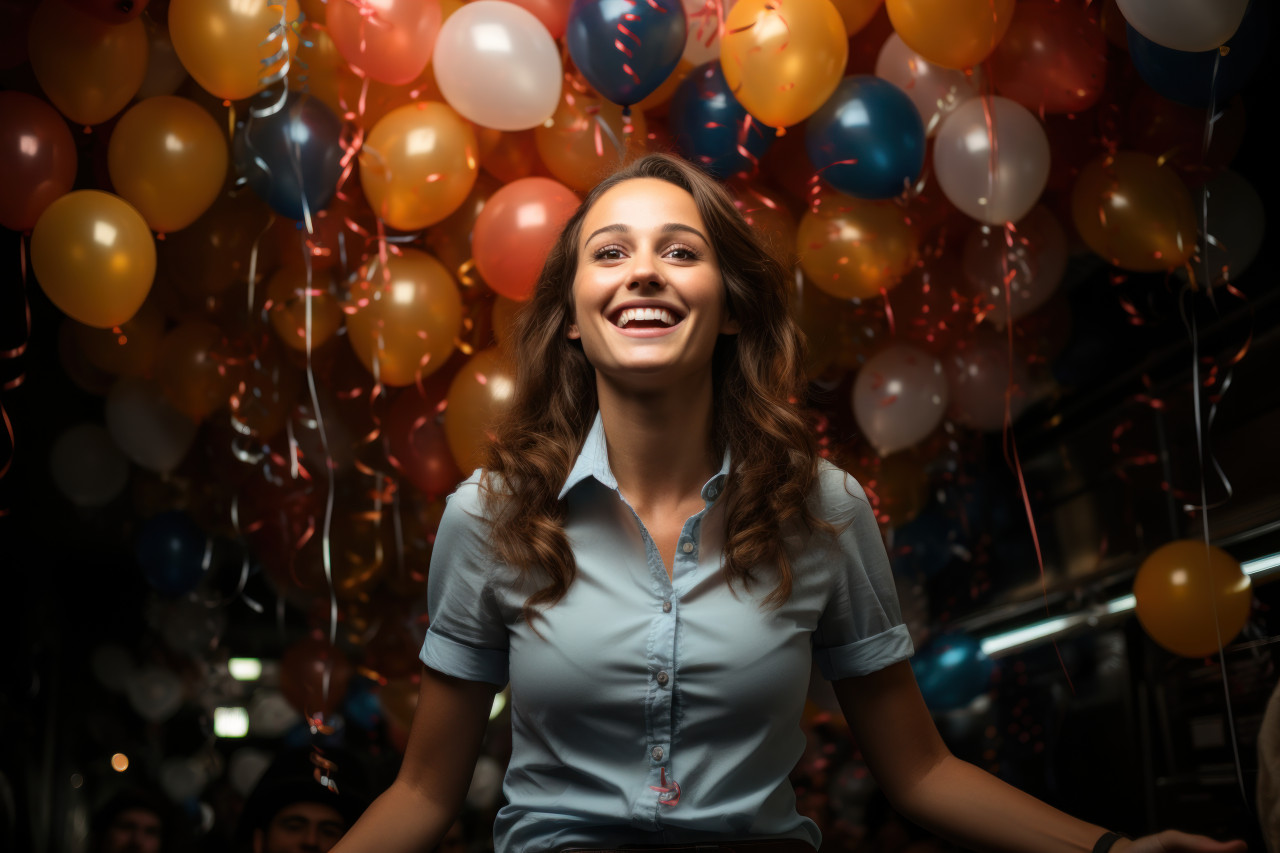 Office abuzz with balloons as woman holds award in excitement, recognition and reward images