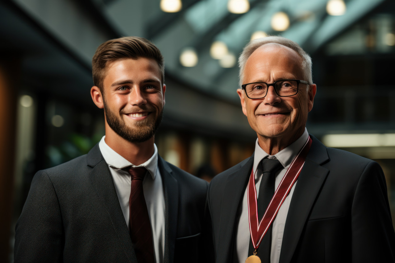 Senior employee imparts wisdom through medal presentation to junior, employee recognition images