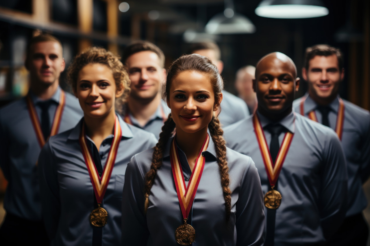 Employees wave medals in virtual team cheer, employee recognition images