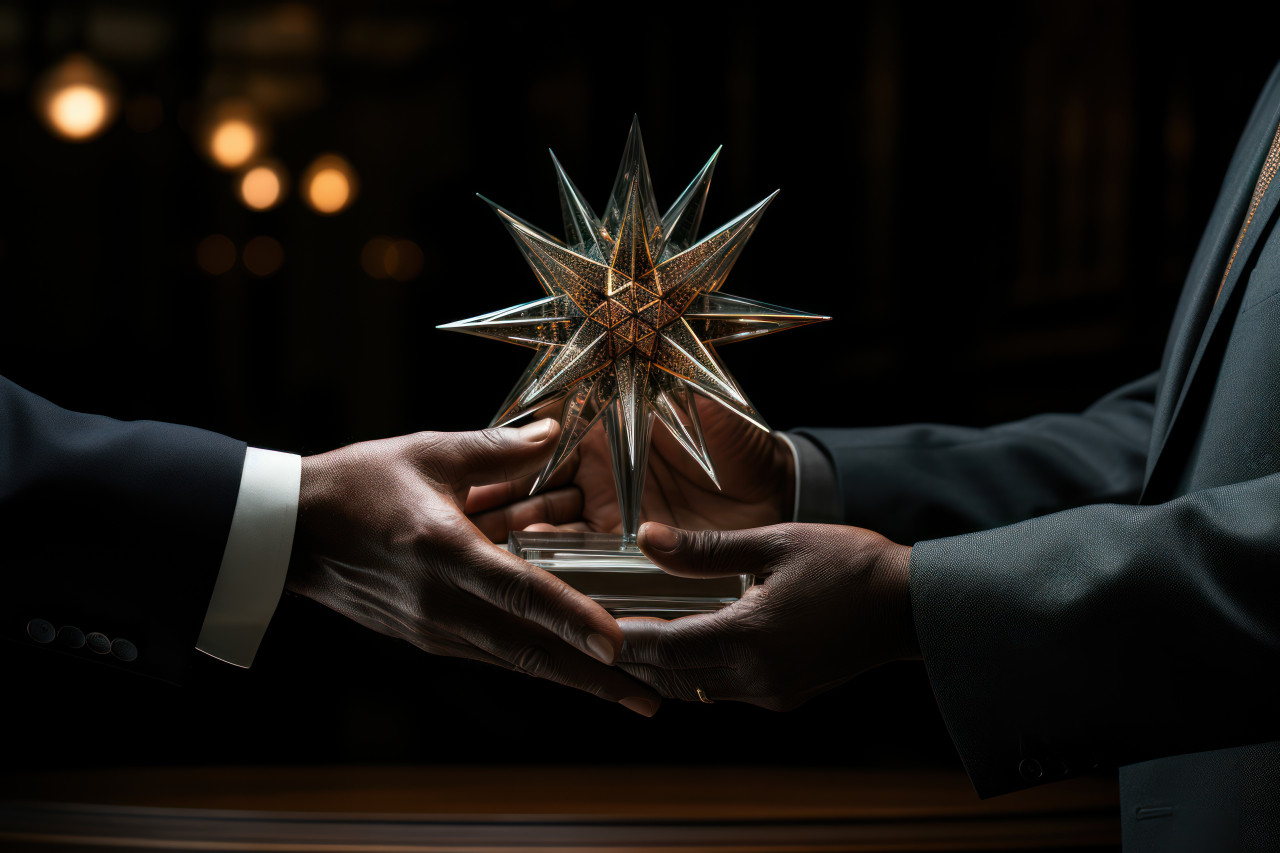 Previous recipient hands over award to new awardee in ceremony, employee appreciation day images