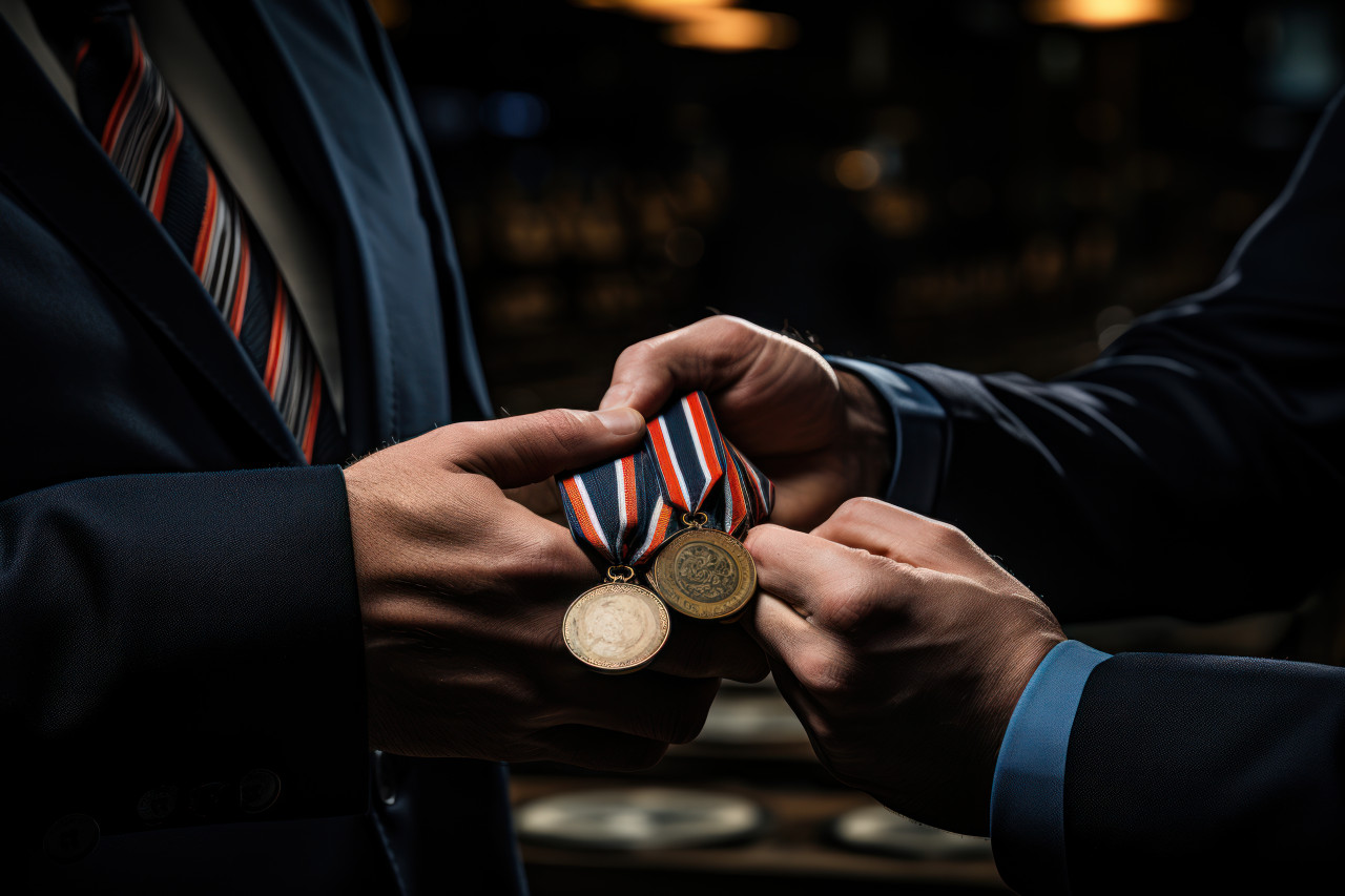 Medals shine in congratulatory handshake between employees, recognition and reward images