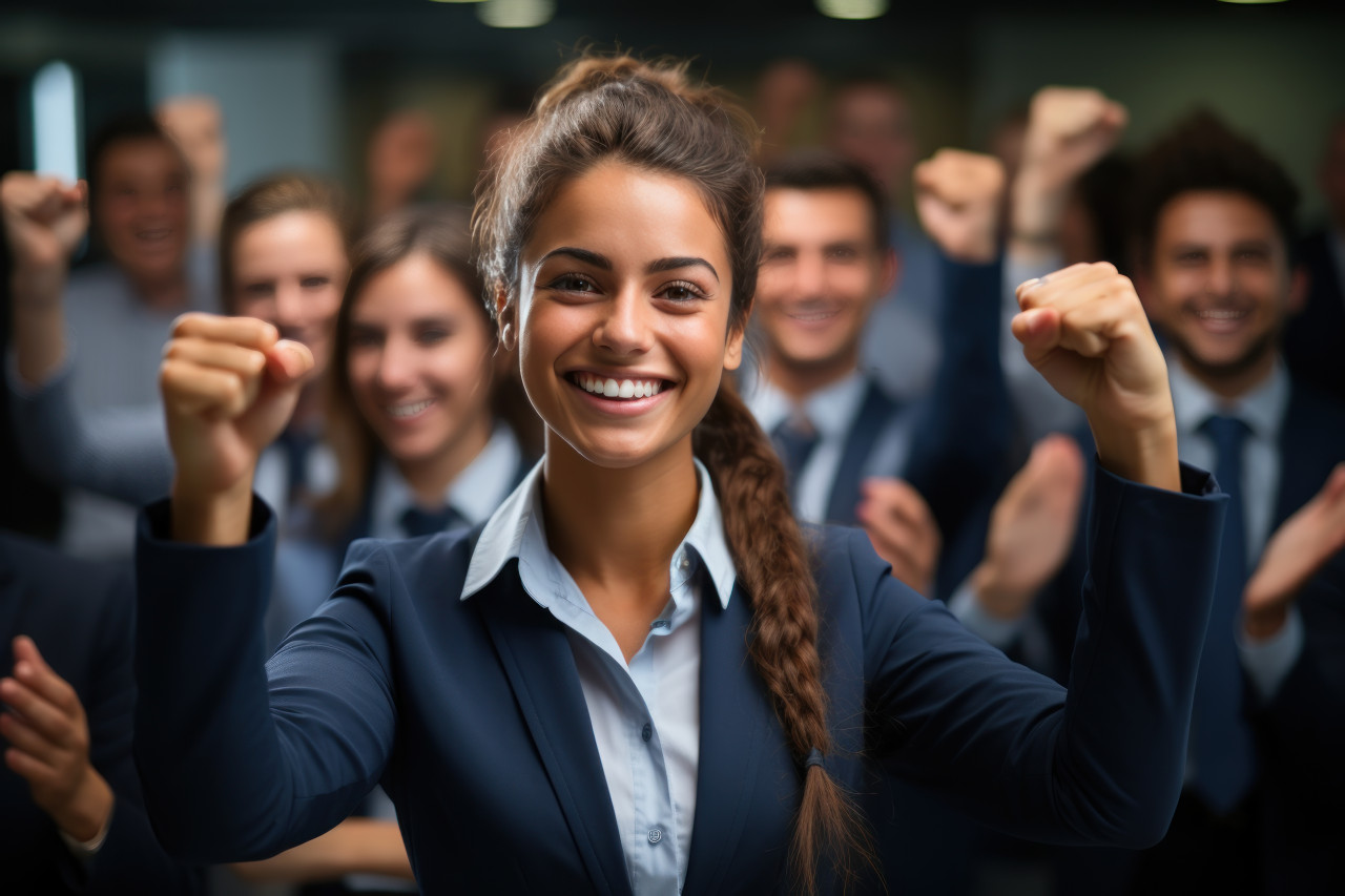 Close up of smiling employee wearing medal amidst colleague applause, employee appreciation day images