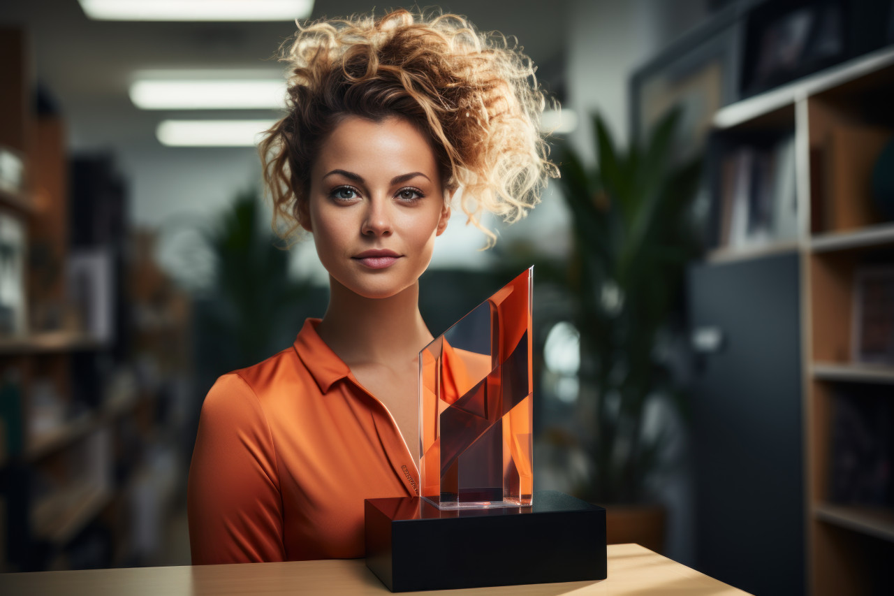 Woman photo and award take center stage in digital achievements showcase, recognition and reward images