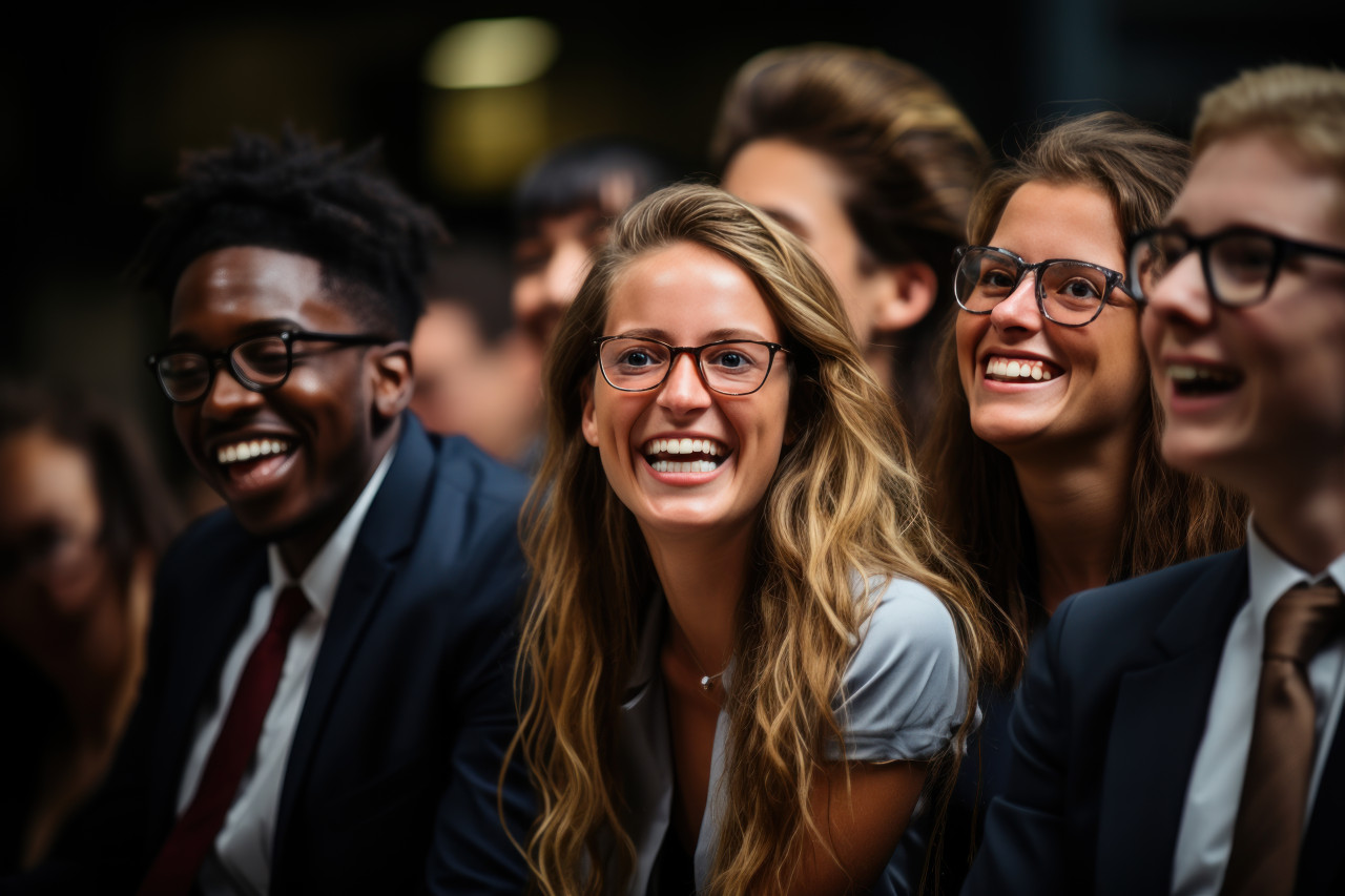 Candid laughter captures the delightful atmosphere of workplace appreciation, recognition and reward images