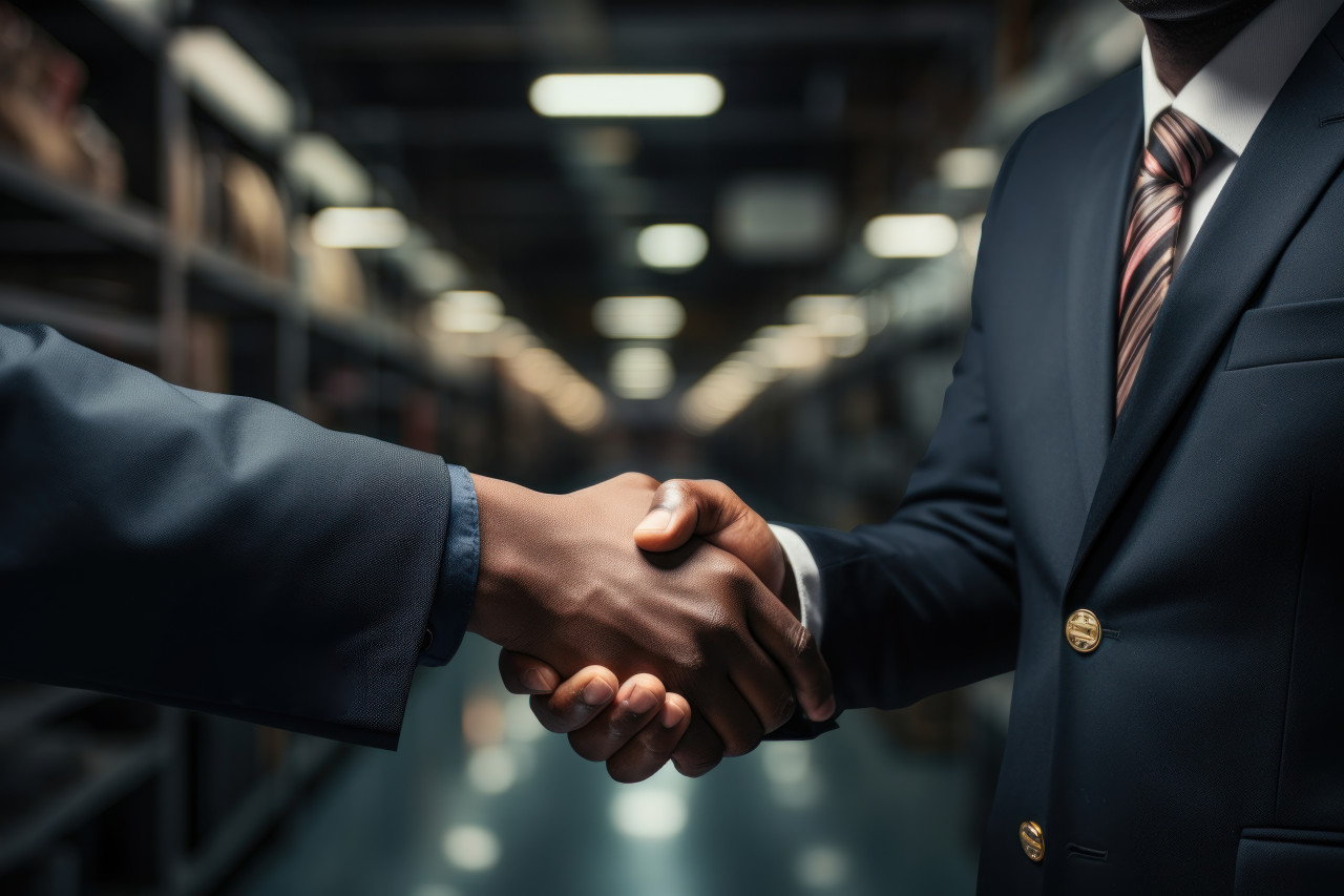 Employee and manager share handshake with medal of recognition, employee recognition images
