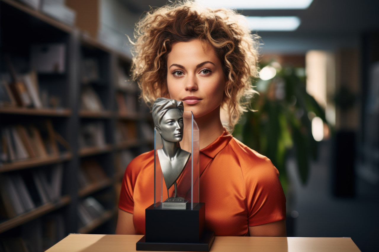 Woman photo and award highlighted in a rotating digital showcase, employee appreciation day images