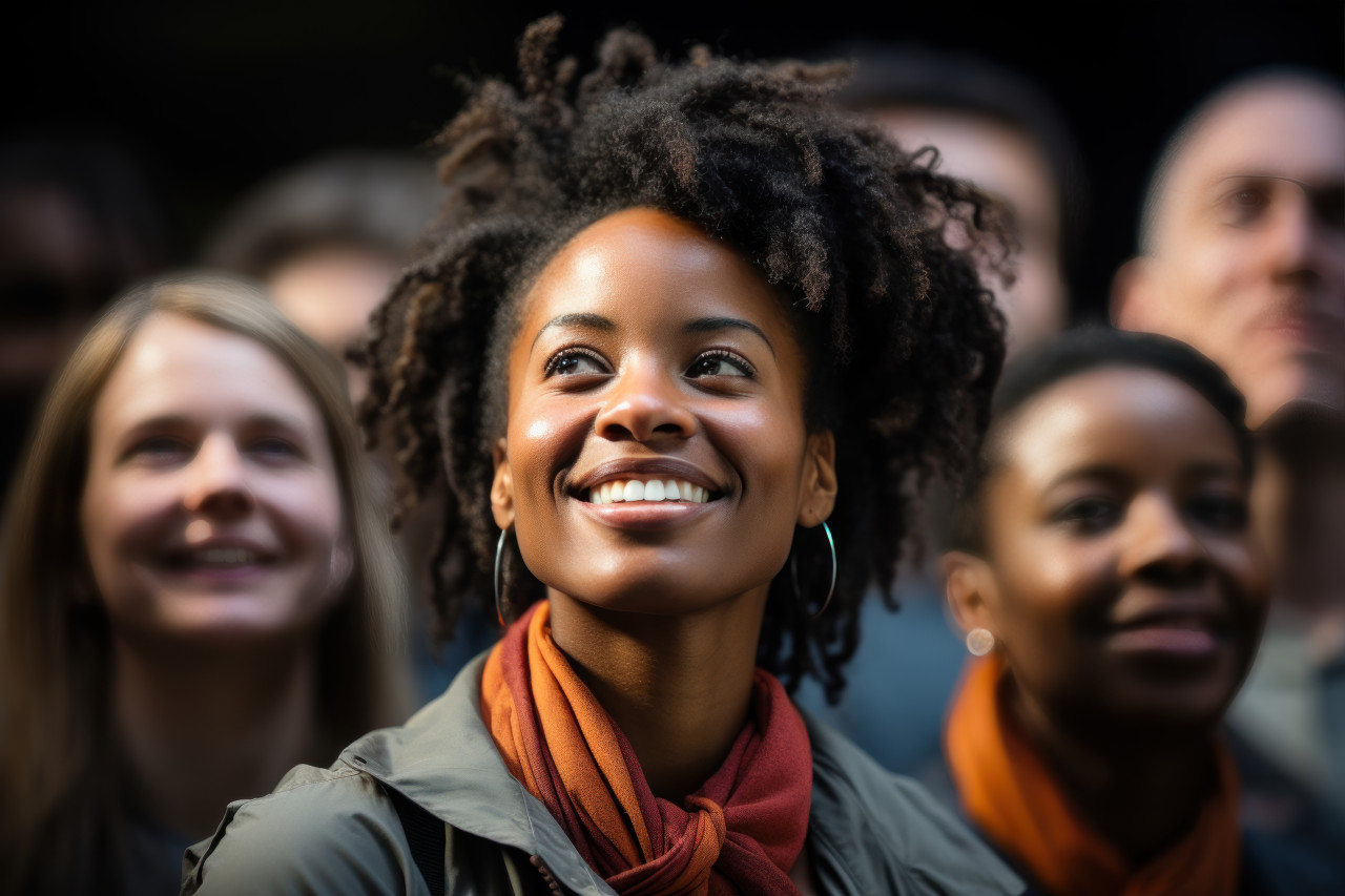 Teammates express appreciation for recognized woman in post award celebration, employee recognition images