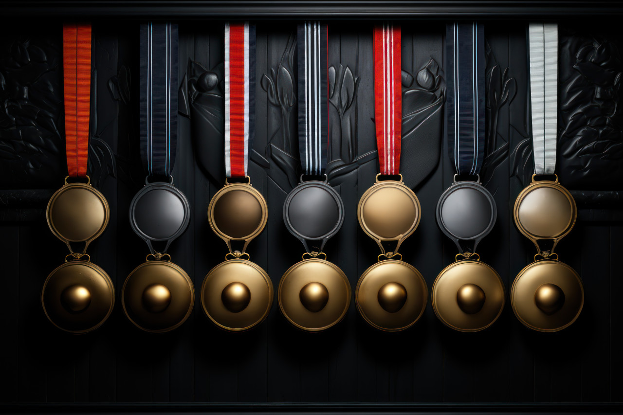 Medals form visually appealing pattern showcasing team success, employee recognition images