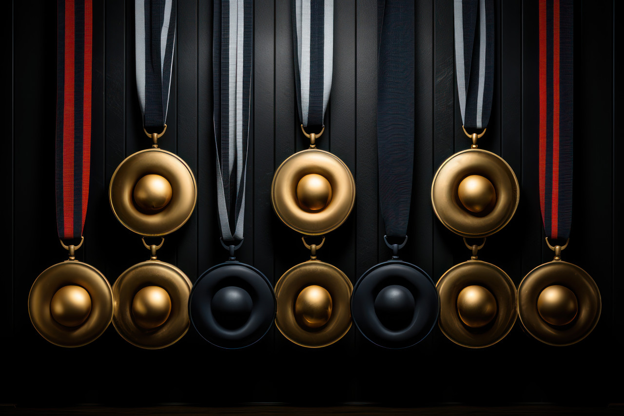 Artistic medals arrangement creates a striking showcase of team accomplishments, recognition and reward images