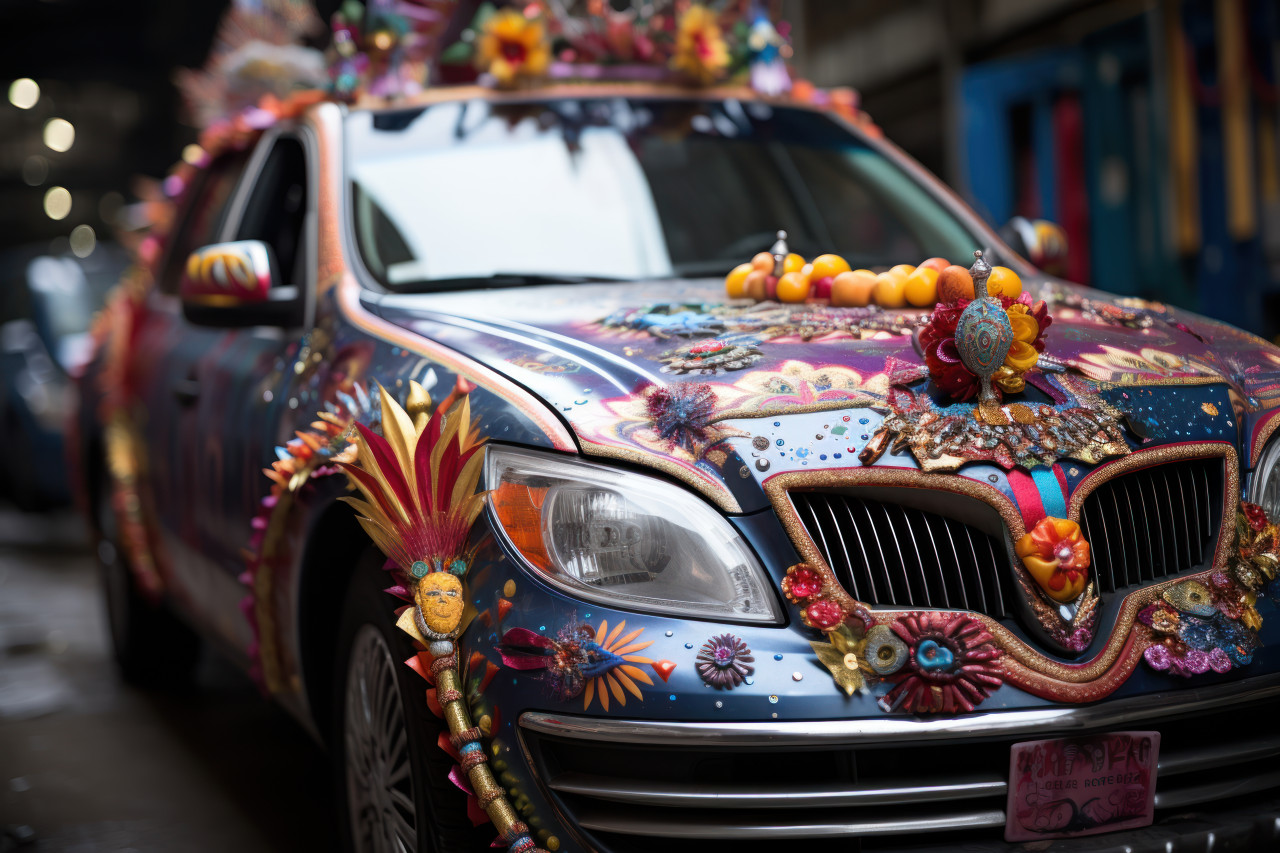 A street procession of decorated cars and floats a mobile masterpiece of venetian carnival artistry, colorful carnival images