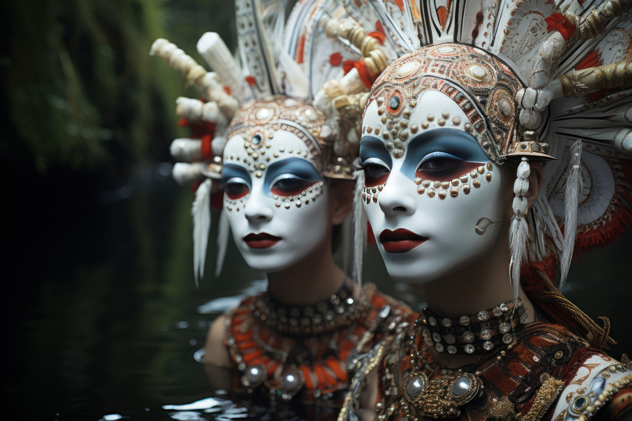 Carnival: man in vibrant mask on street corner, colorful carnival images