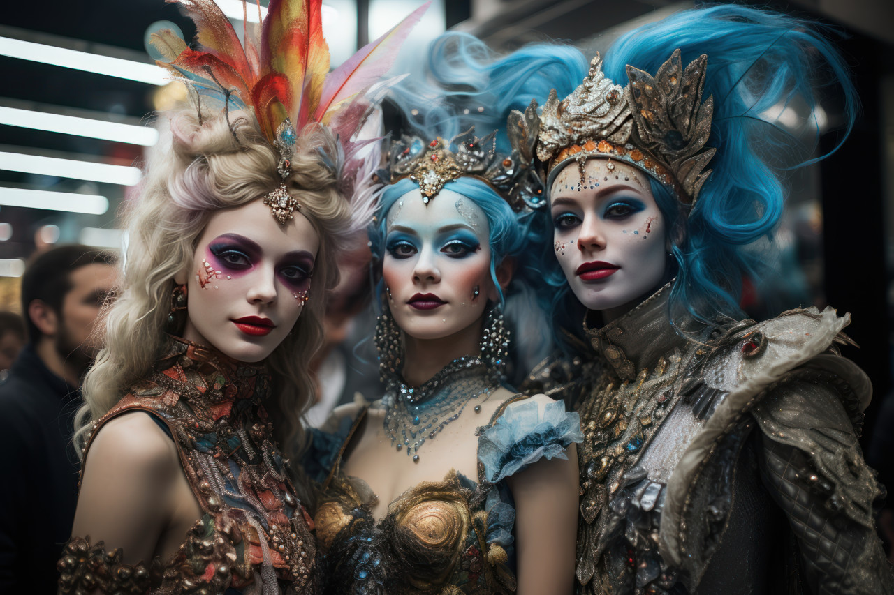 Euphoric man with carnival mask amid vibrant carousel lights, festive carnival photos