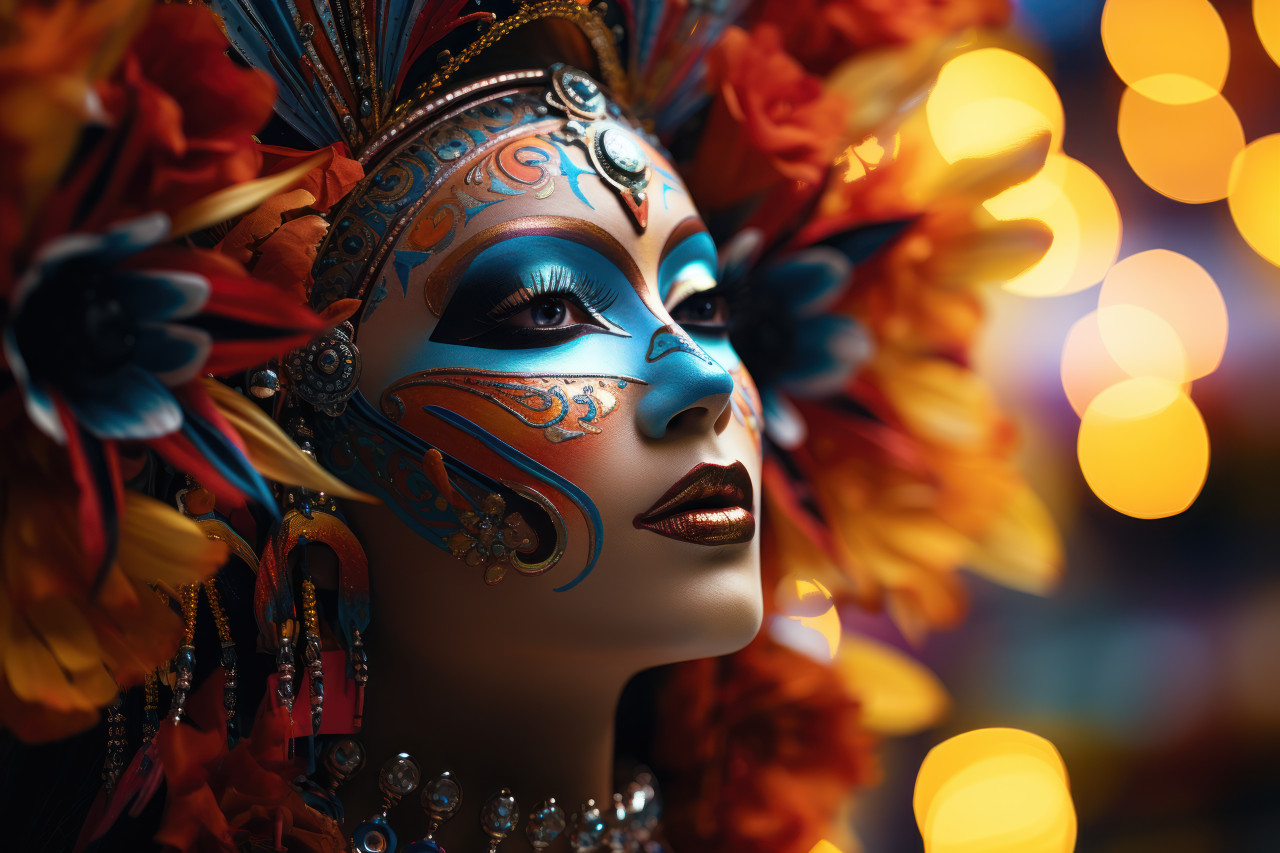 A woman reflection in a mask mirrors the sparkling lights on the lake, colorful carnival images