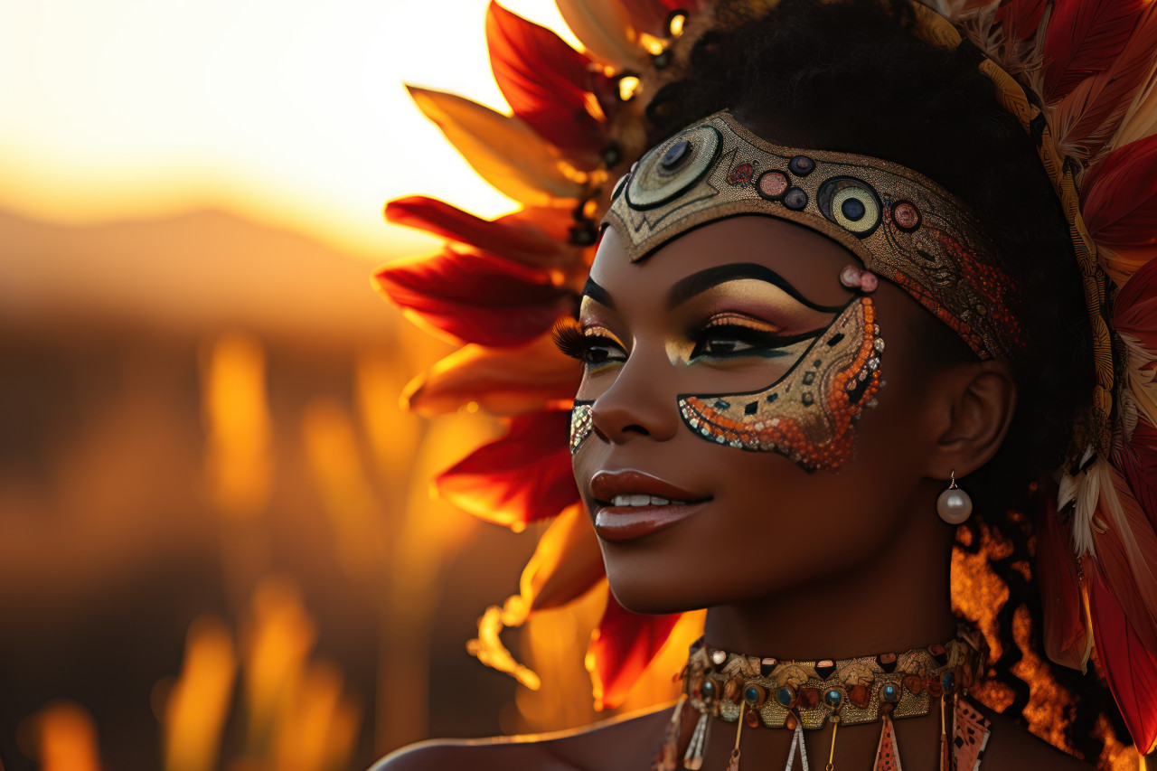 A woman adorned with mask in a field of sunflowers, carnival festival pictures