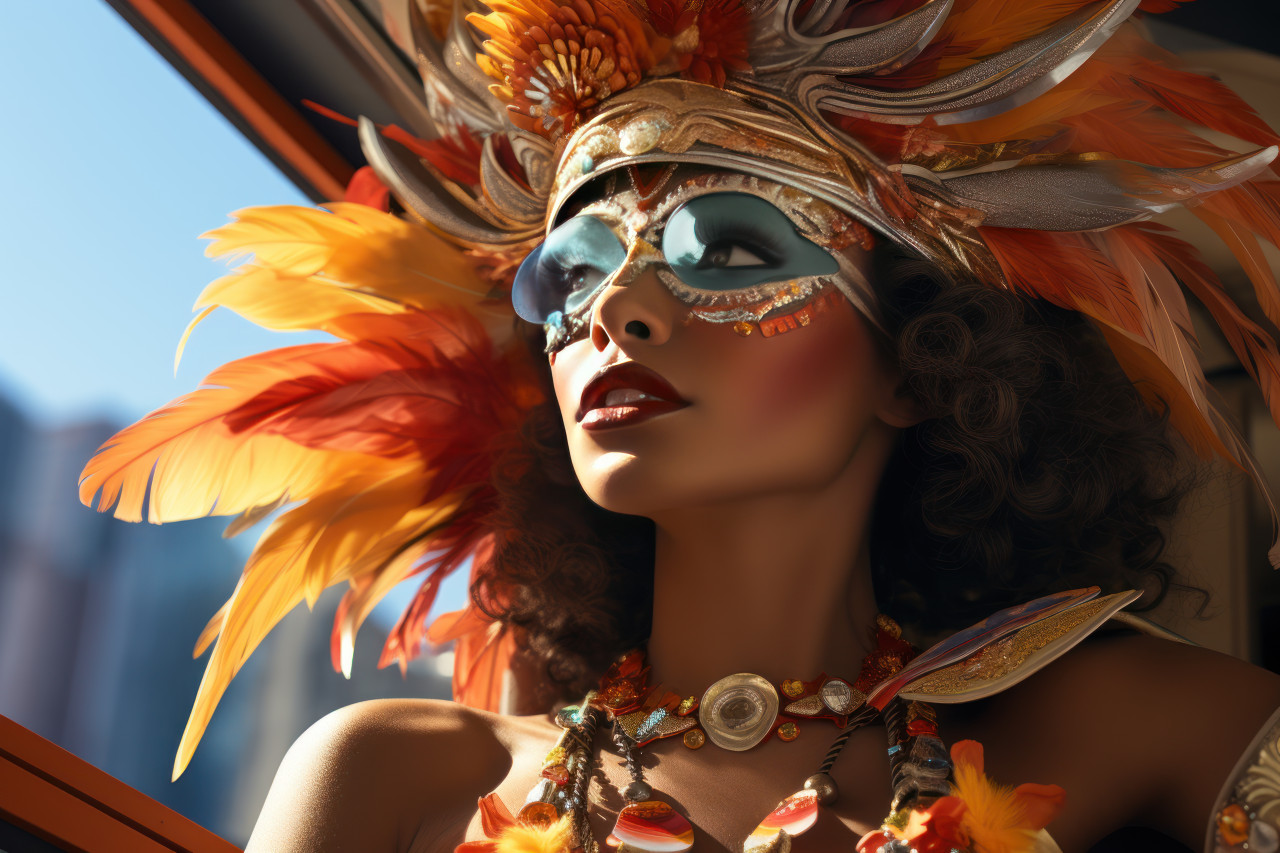 Woman in carnival mask retreats to rooftop above bustling carnival, colorful carnival images