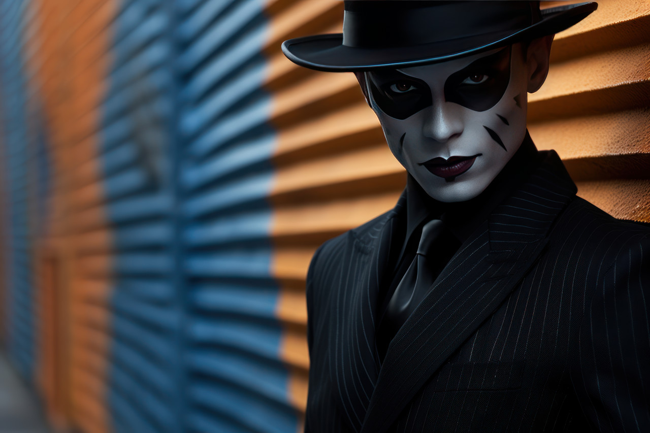 Man wearing film noir carnival mask in alley, festive carnival photos