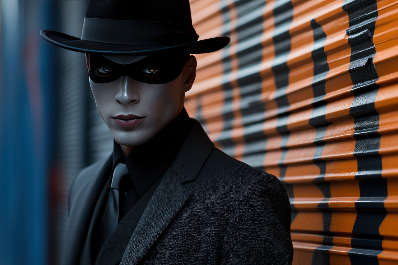 Noir carnival tale man cinematic masked persona in alleyway, colorful carnival images