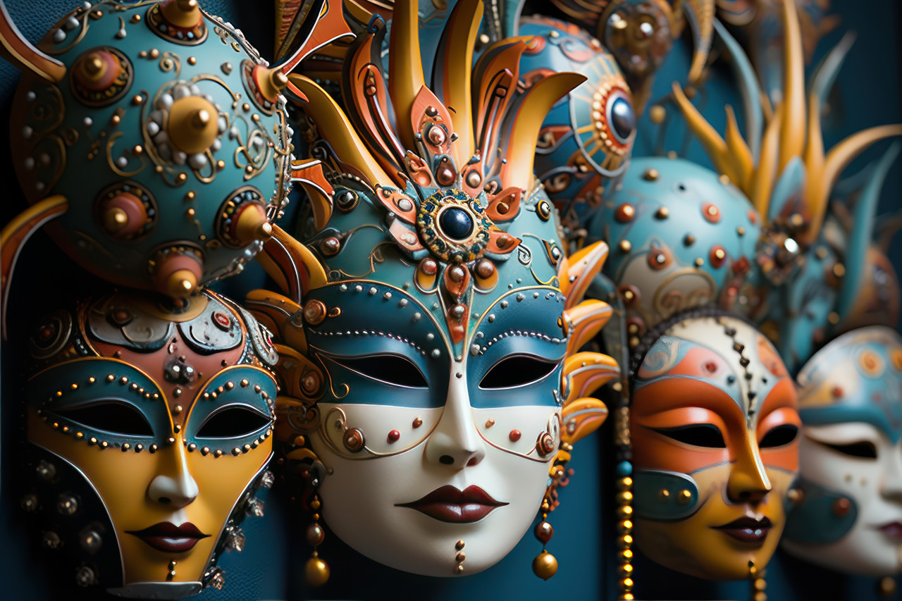 Artistic arrangement showcasing venetian mask diversity, festive carnival photos