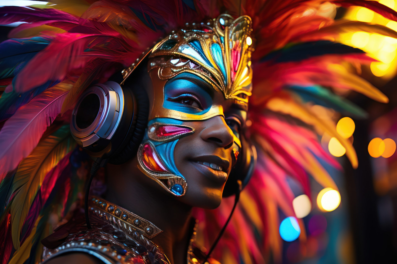 Led carnival brilliance man emits soft glow in vibrant mask halo, festive carnival photos