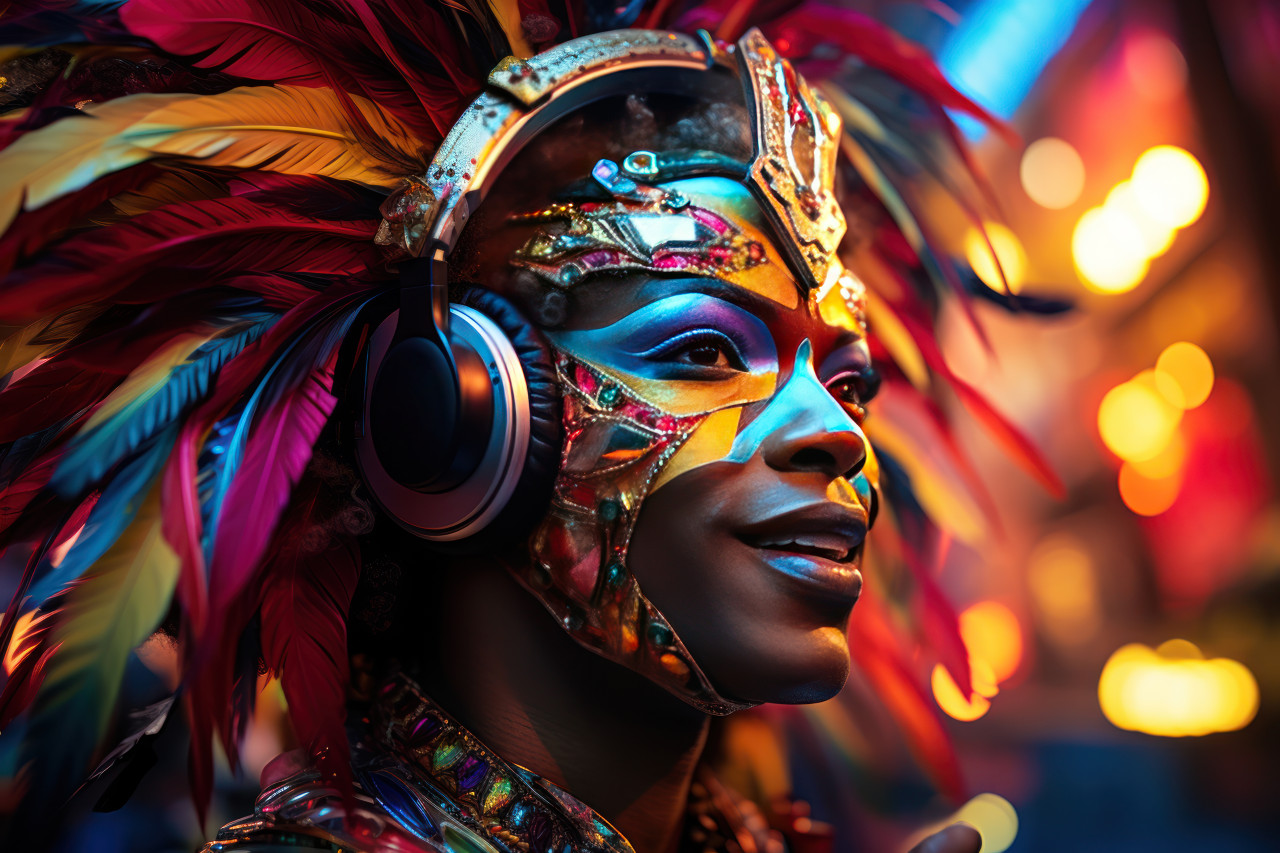 Carnival masked man glows amidst electric colors, carnival festival pictures