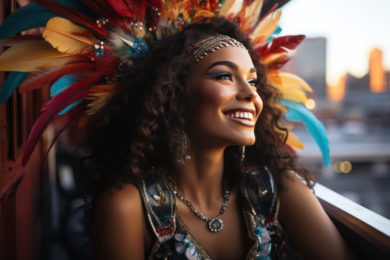Carnival masked woman romantic rooftop moment, festive carnival photos