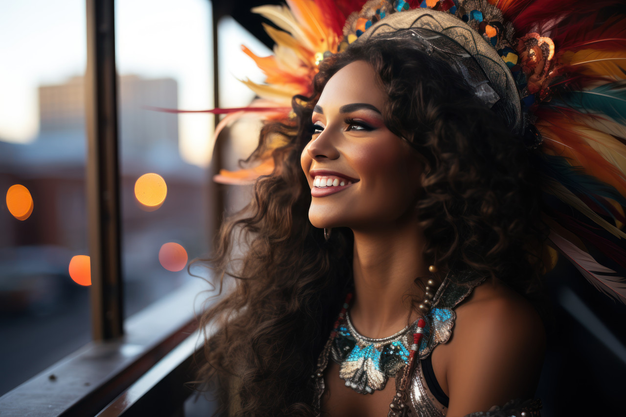 Woman in carnival mask cherishing rooftop romance, carnival festival pictures
