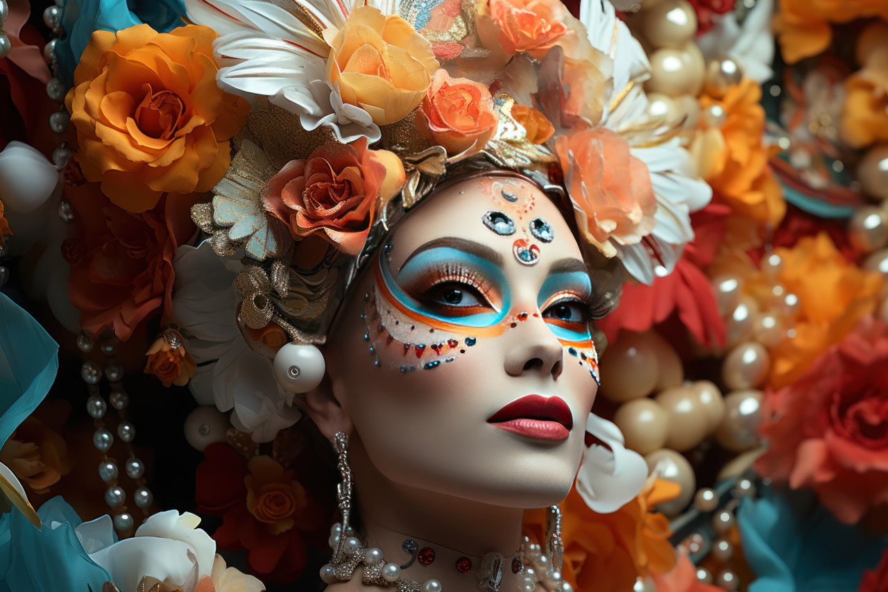 Fantasy carnival masked woman amid floating propscape, colorful carnival images