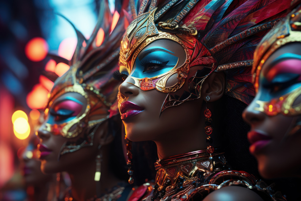 Glow carnival neon lights illuminate masked celebrants, carnival festival pictures