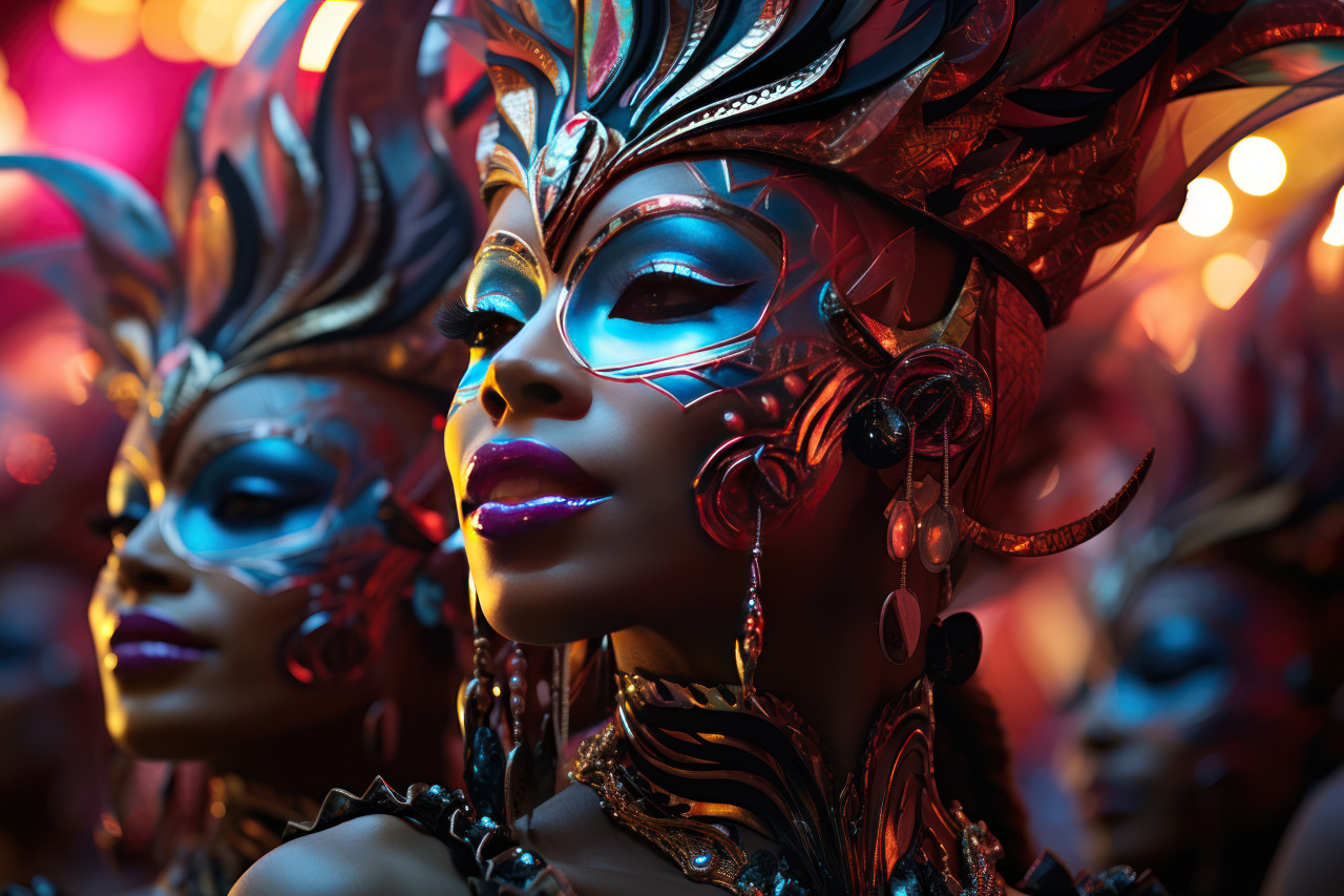 Night carnival neon lights enhance masked celebrations, festive carnival photos