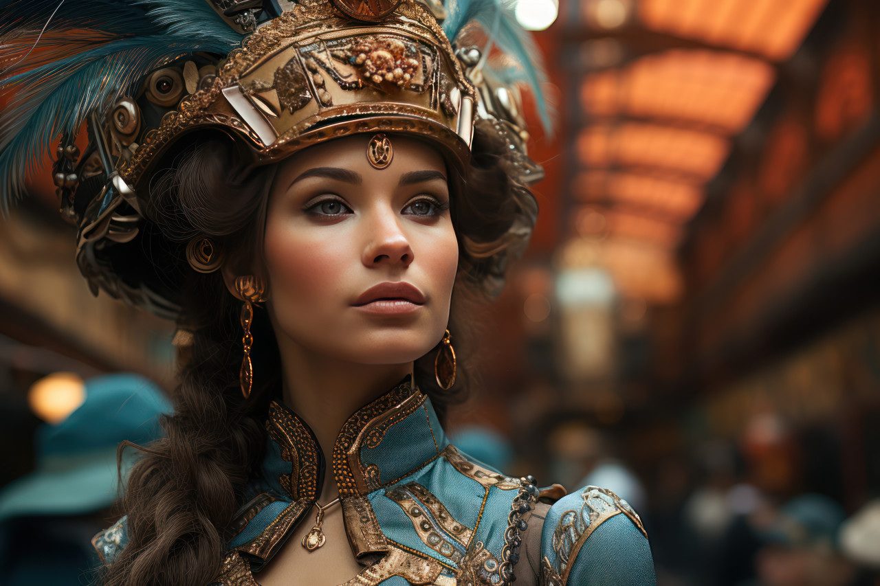 Steampunk world victorian style meets future tech at carnival, colorful carnival images