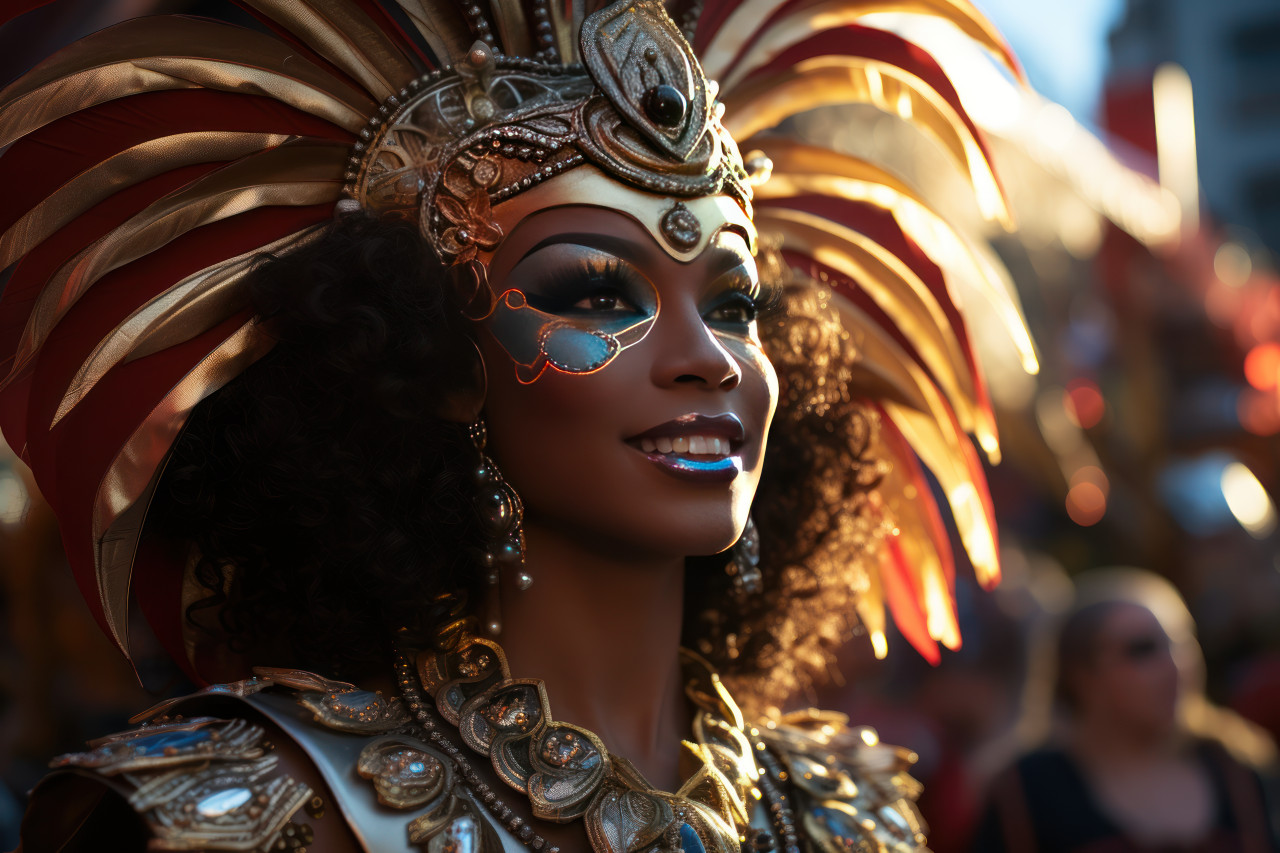 Warm glow carnival long shadows grace floats in parade, colorful carnival images