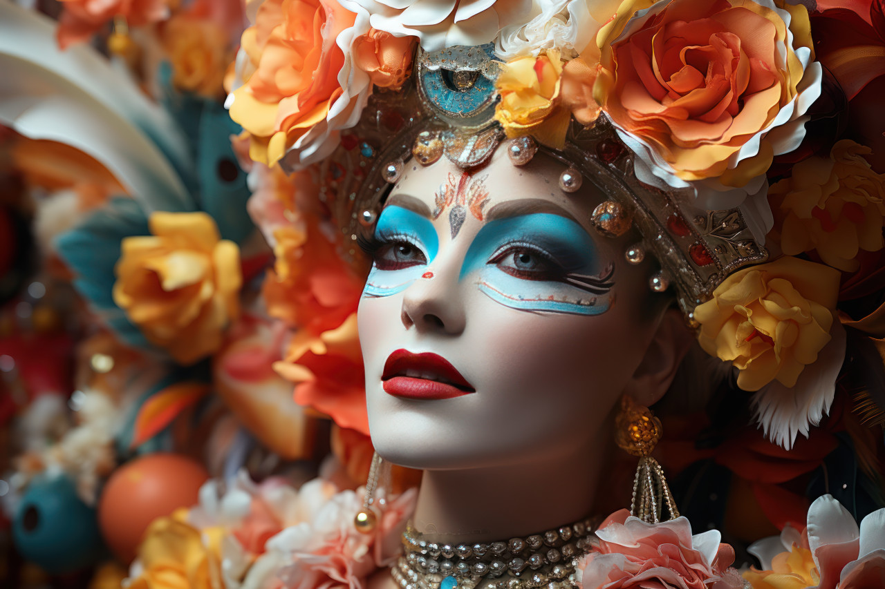 Carnival woman amid floating props, carnival festival pictures