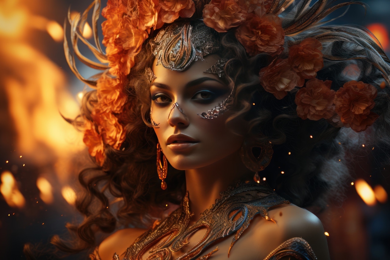 Carnival inferno fire twirling in venetian costume choreography, festive carnival photos