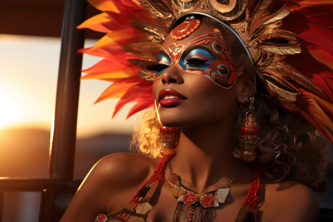 Carnival scene sunset swing with masked woman, festive carnival photos