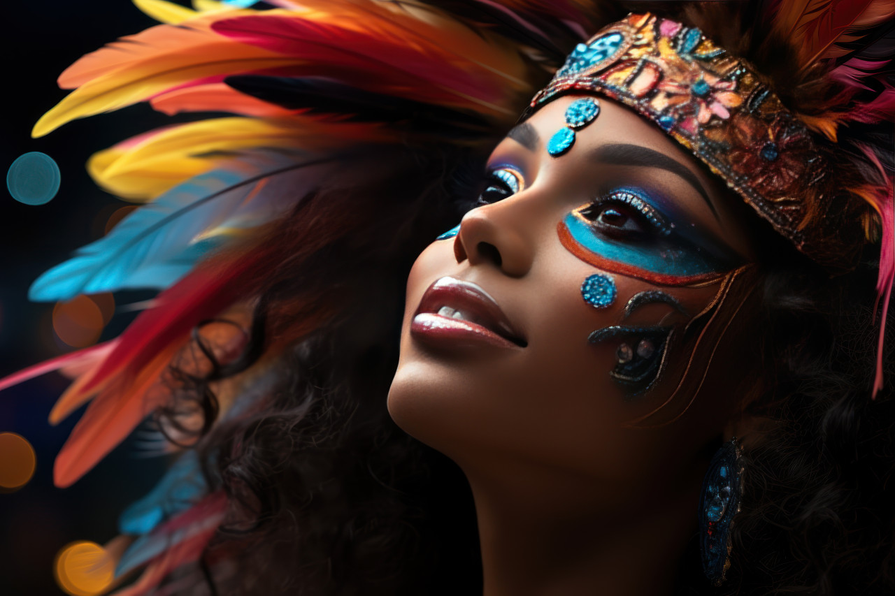Firework fantasy woman in carnival mask captivated by nighttime festivity, colorful carnival images