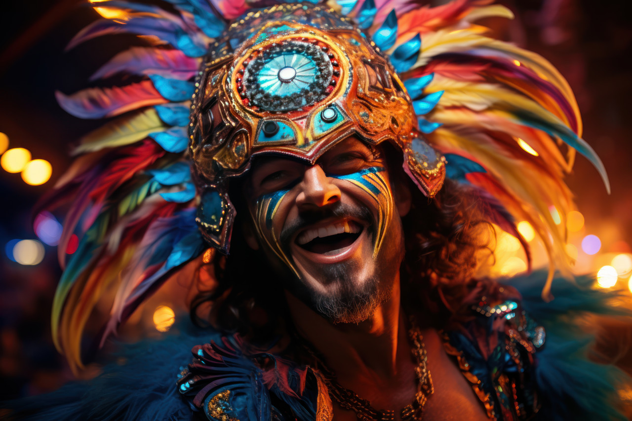 Dancing in psychedelia carnival masked man in electric atmosphere, carnival festival pictures